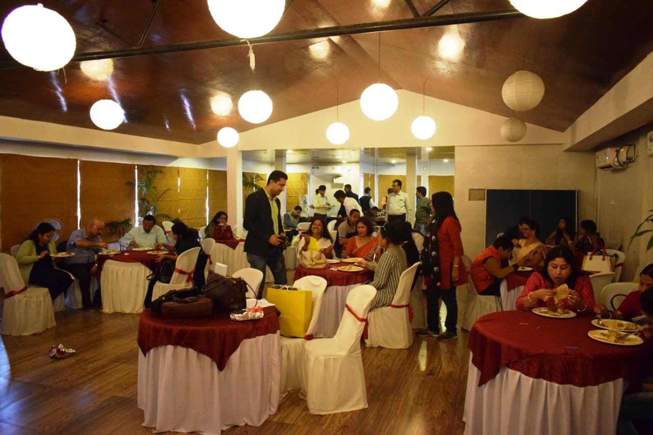 The banquet hall set for a function