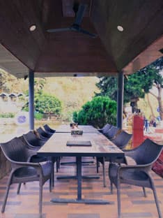 A covered outdoor dining pavilion