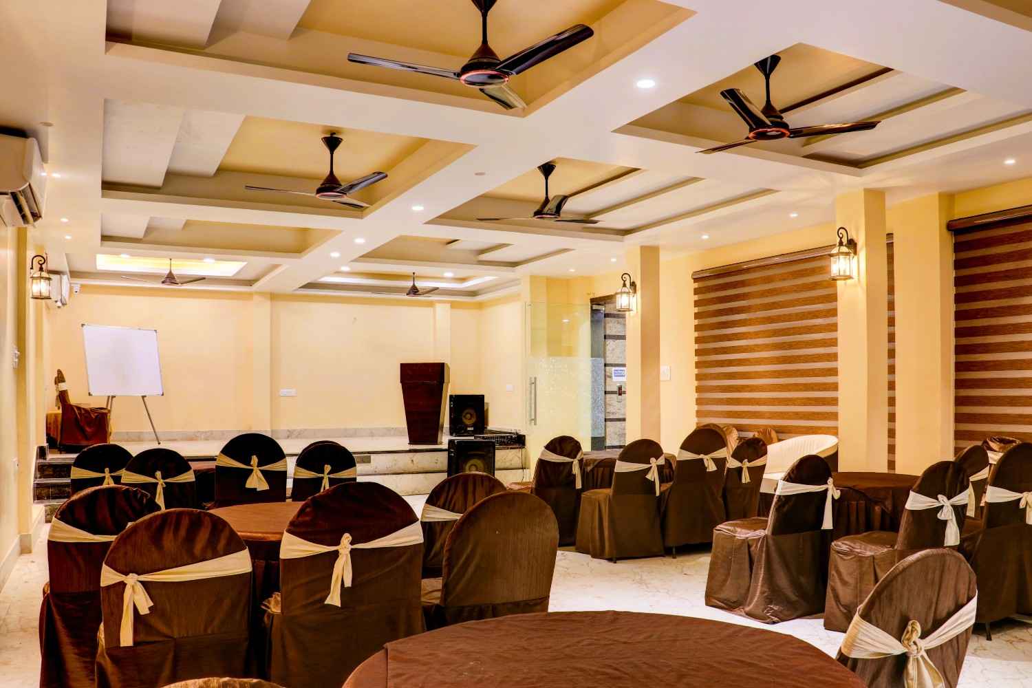 The banquet hall set for an event